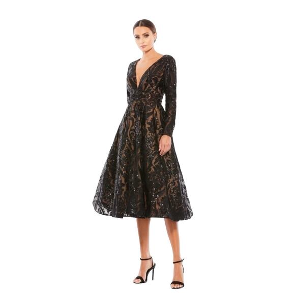 Mac Duggal Dresses & Skirts - Mac Duggal 67529 Black Nude Sequin Long Sleeve V-Neck Midi Dress Size 6 $598